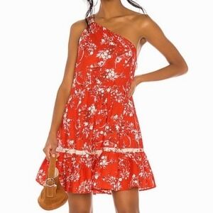 Free People All Mine Mini Dress Women Small Red Floral One Shoulder Linen Blend